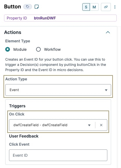 Static image showing the Button component's Action Type configuration in the Create Field operator use case.