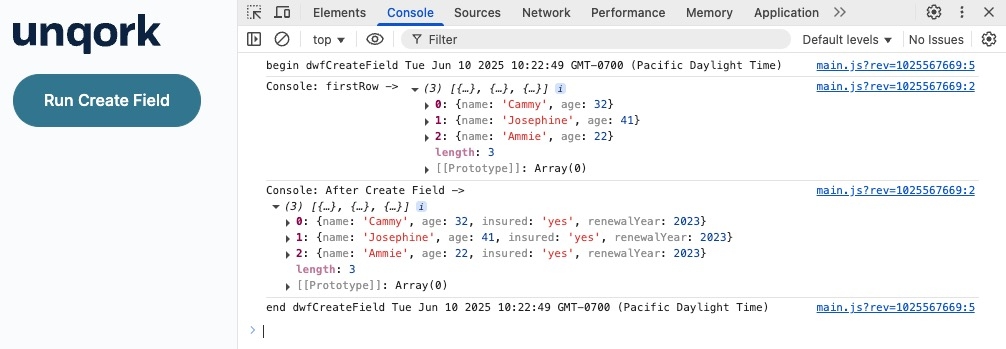 A static image displaying the Express View console output of the Data Workflow Create Field Operator.