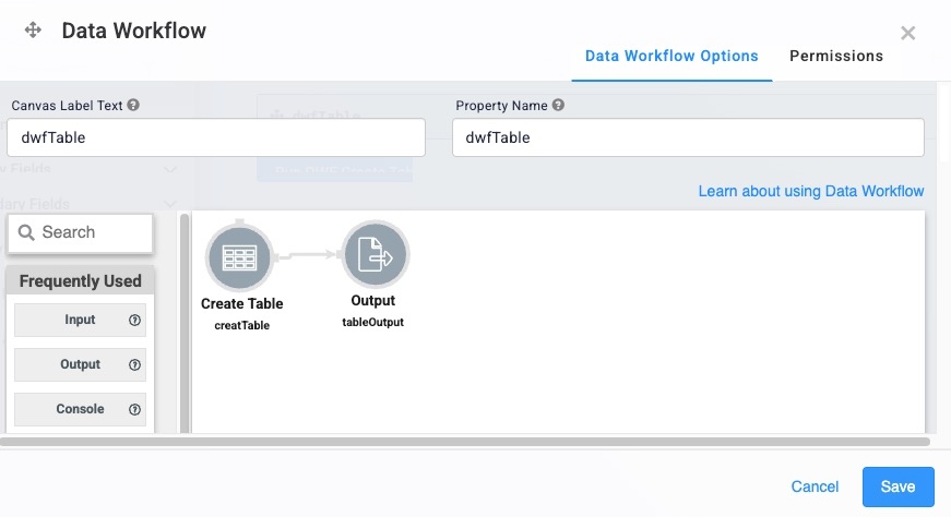 A static image displaying the configured operators on the Data Workflow canvas.