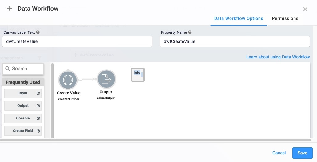 Static image displaying the Data Workflow configuration for the Create Value operator.