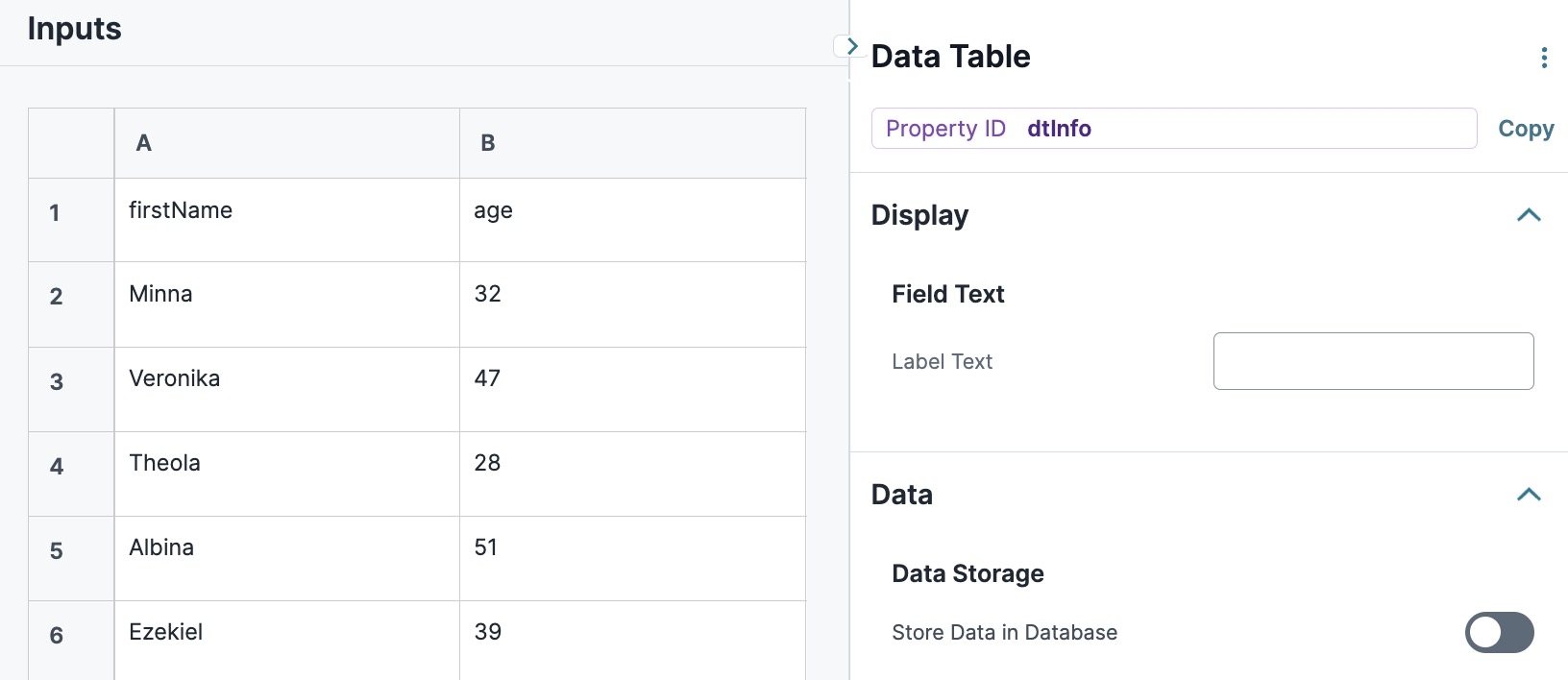 Image showing data organized in a Data Table component with participant name and age information.
