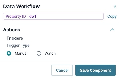 A static image displaying the Data Workflow component's Actions settings.