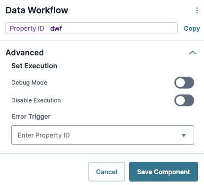 A static image displaying the Data Workflow component's Advanced settings.