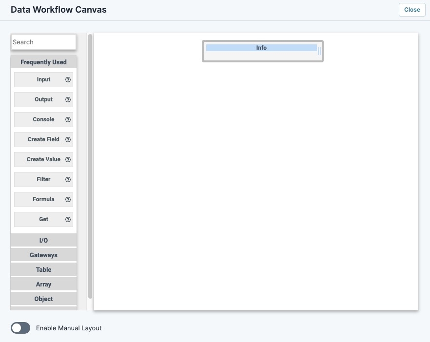 A static image displaying the Data Workflow component's Canvas.