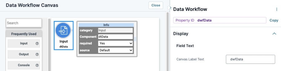 A static image displaying the Data Workflow canvas, an Input Operator has been added to the Canvas.