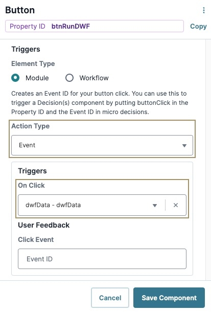 A static image displaying the Button component's configuration, the Event Action type and Trigger On Click field are highlighted.