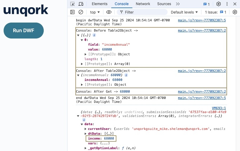 A static image displaying the data processes of the Data Workflow in the DevTools Console.