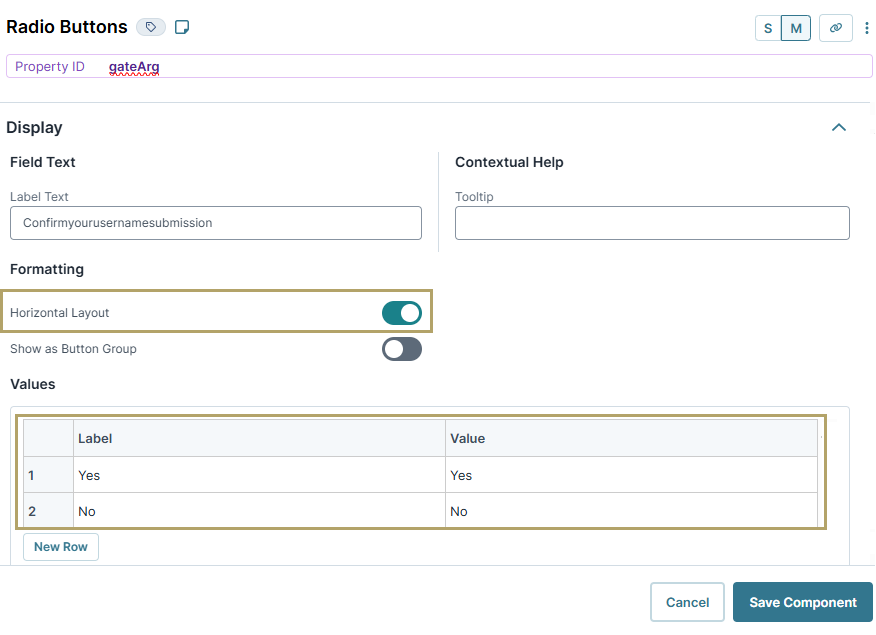 A static image displaying the Radio Buttons component Data Source Type configuration. 