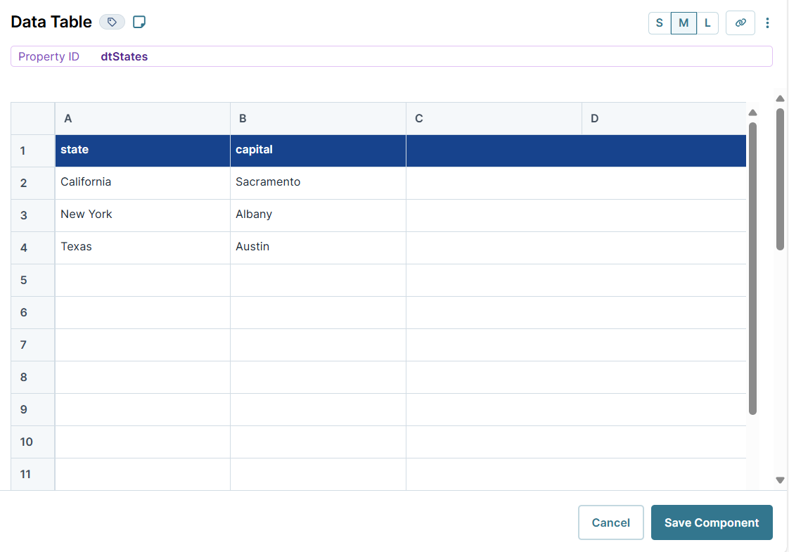A static image displaying the Data Table component's configuration.