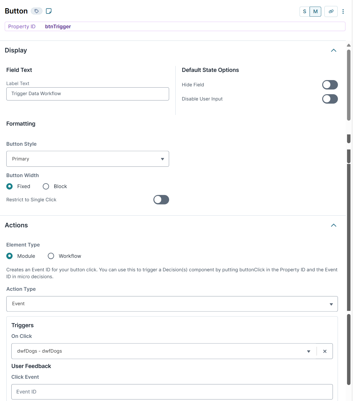A static image displaying the Button component's configuration with the Event Action Type and dwfDogs On Click trigger.