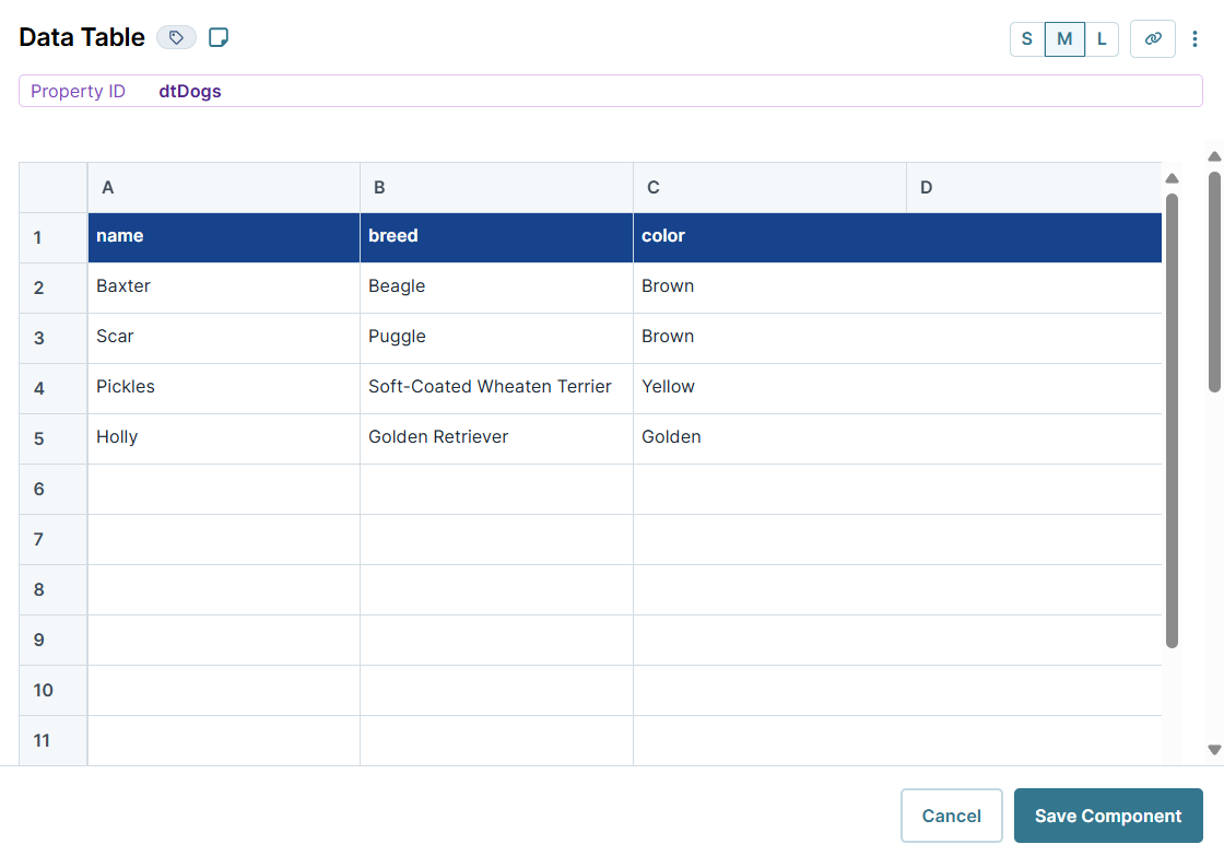 A static image displaying the Data Table component's configuration.