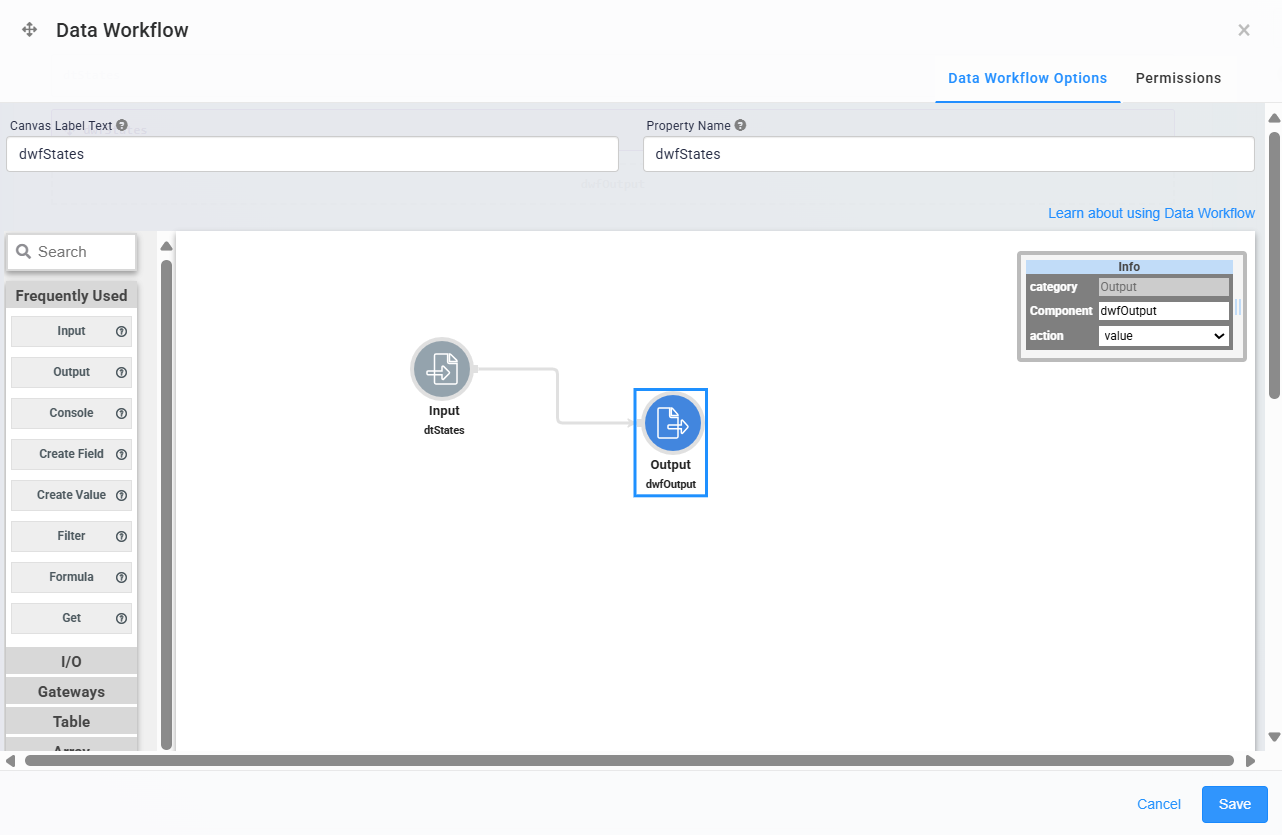 A static image displaying the Input and Output operators on the Data Workflow canvas.