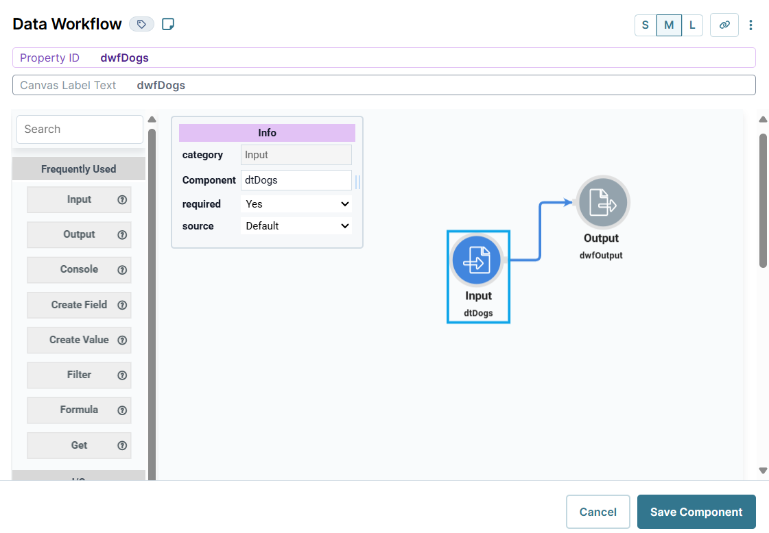 A static image displaying the Input and Output operators on the Data Workflow canvas.