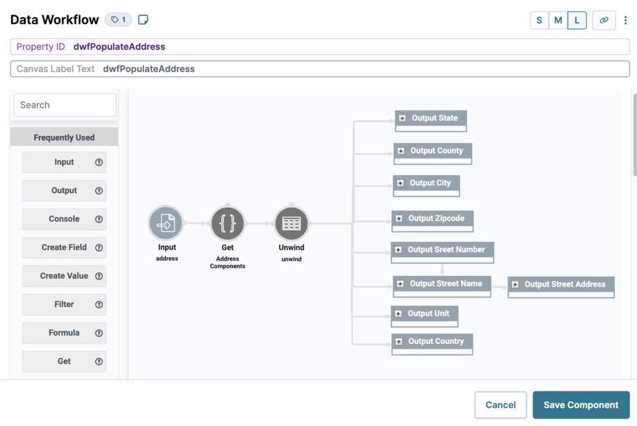 A static image displaying the Address Parsing Snippet's Data Workflow component grouped operator settings.