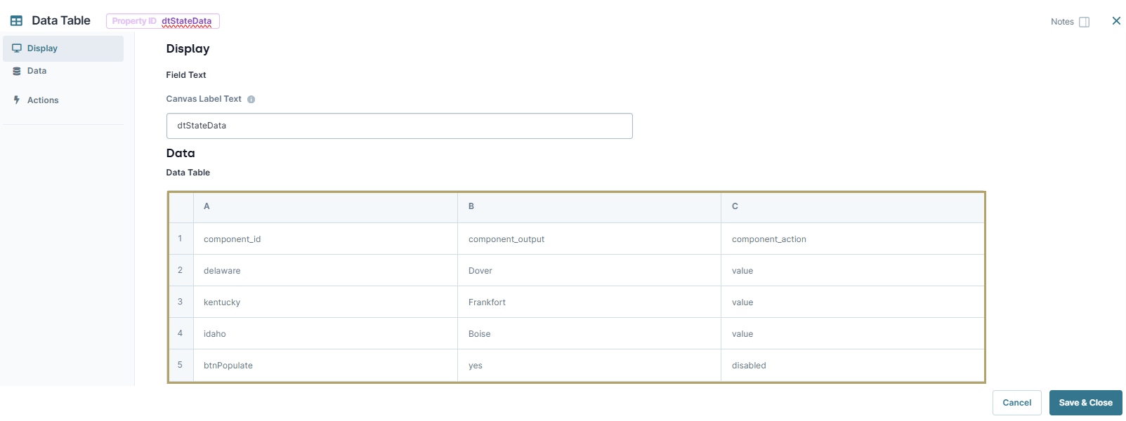 A static image of the data table configuration. 