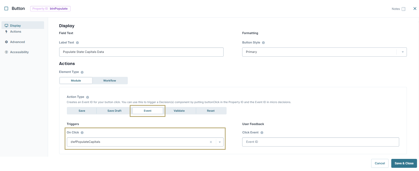 A static image of the button component configuration details.