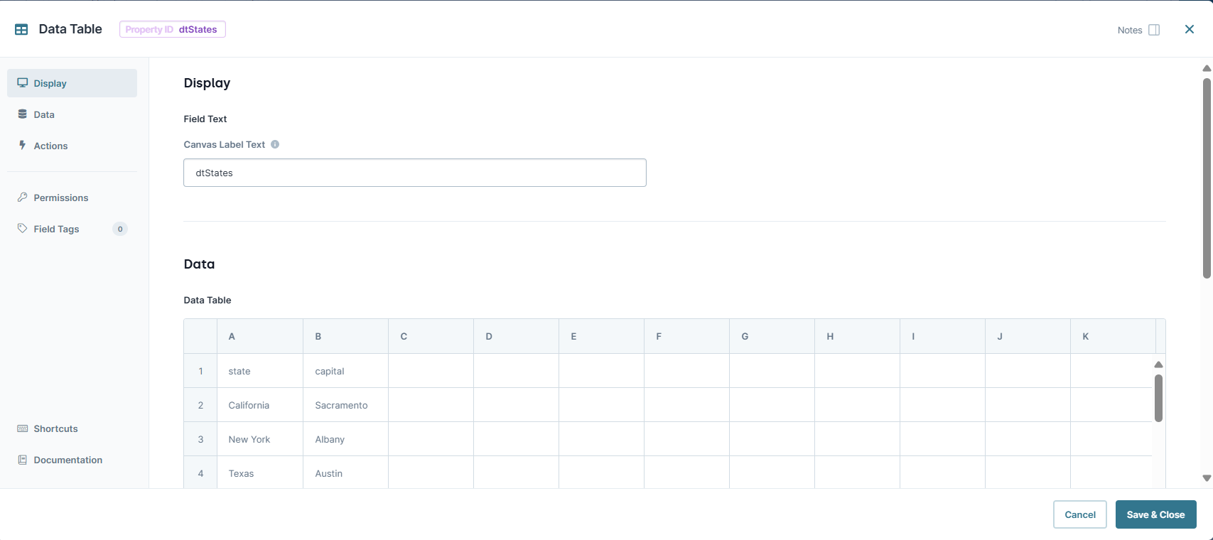 A static image displaying the Data Table component's configuration.