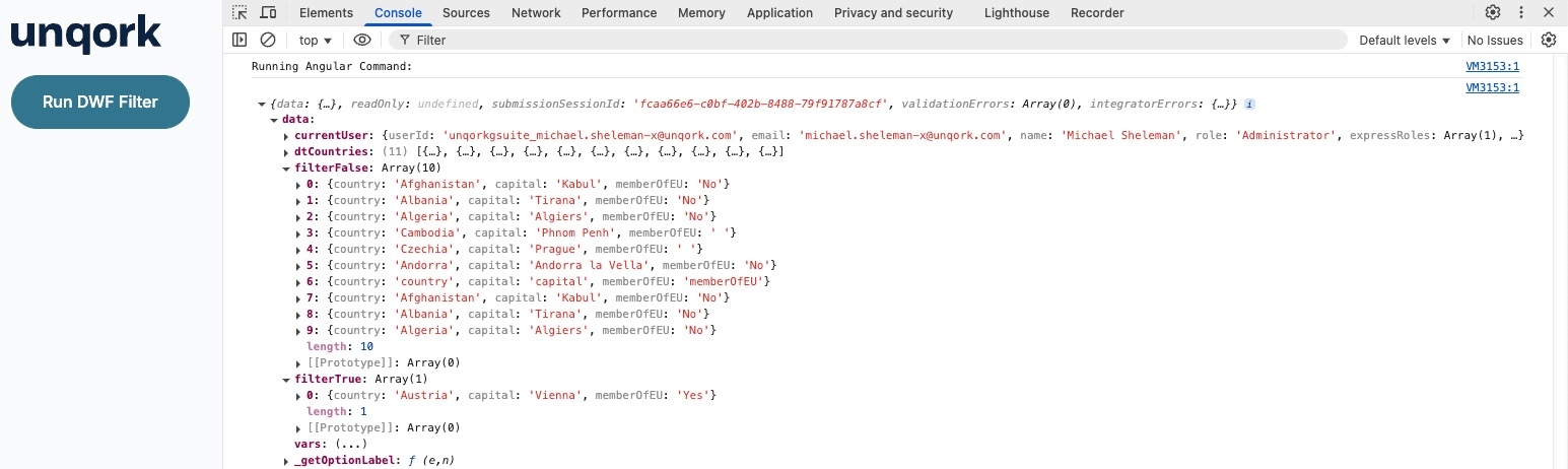 Static image displaying the Filter operator use case data in the DevTools Console.