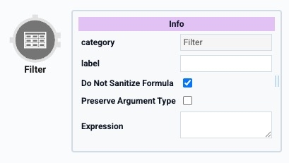 A static image displaying the Data Workflow component's Filter Operator icon and configuration window.