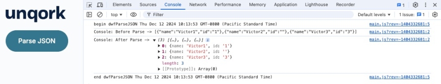 A static image displaying the data in the DevTools Console after clicking the Trigger Data Workflow button.