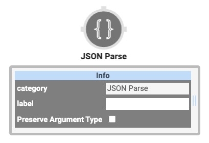 A static image displaying the Data Workflow Canvas view of the JSON Parse operator and its Info window.