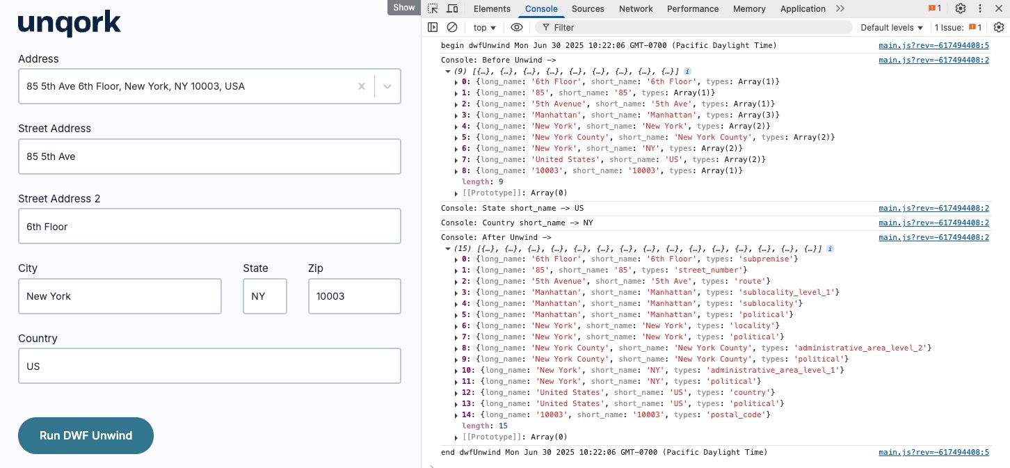 A static image displaying the DevTools console, the Console operators display the data before and after it is unwound.