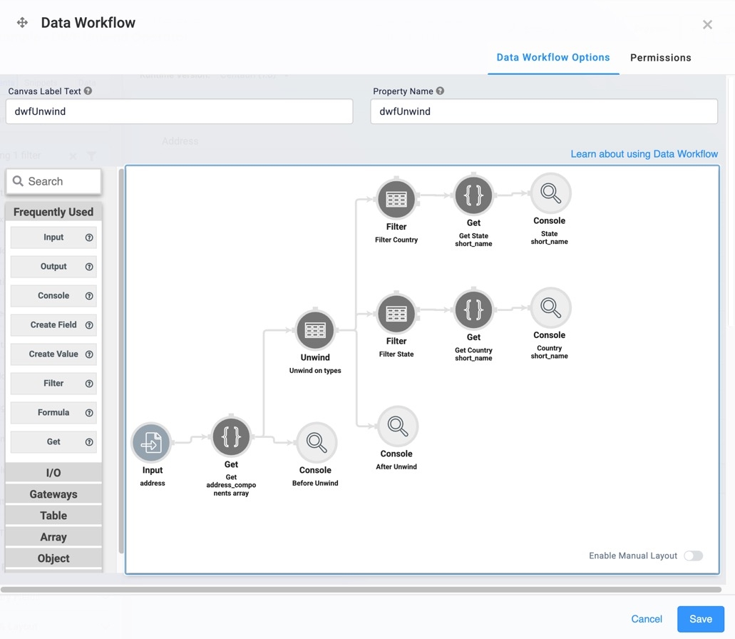 A static image displaying the configured operators on the Data Workflow canvas.