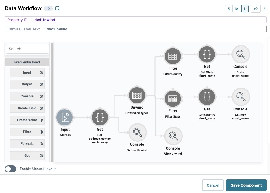 A static image displaying the configured operators on the Data Workflow canvas.