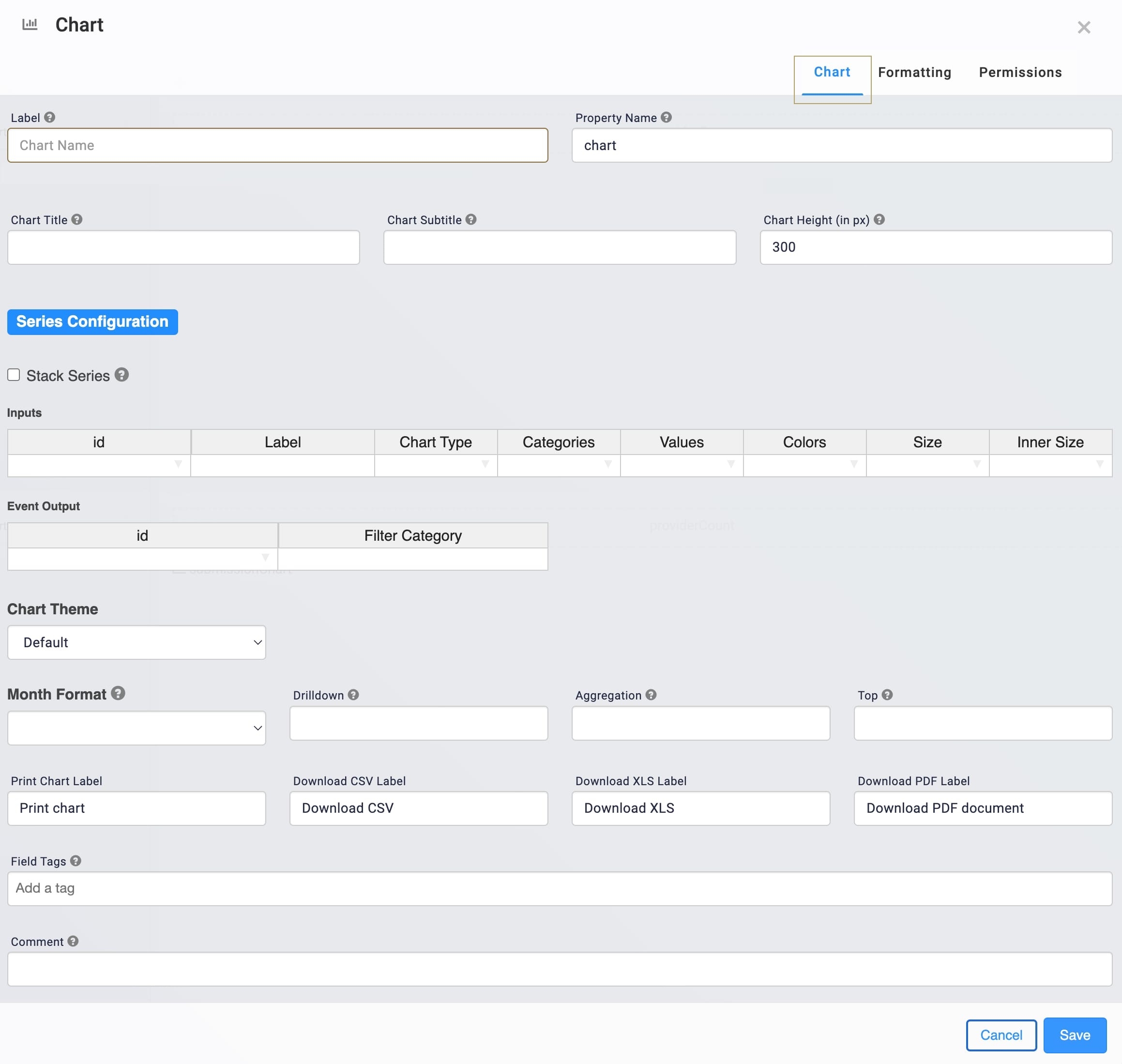 A static image dispaying the Chart component's Chart tab settings.