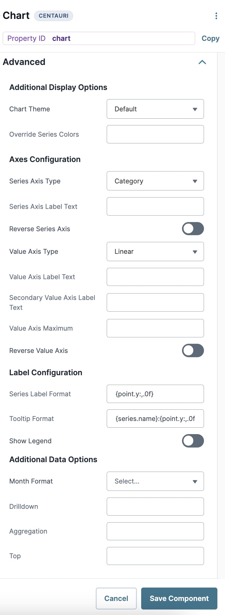 A static image displaying the UDesigner Chart Component's Advanced settings.