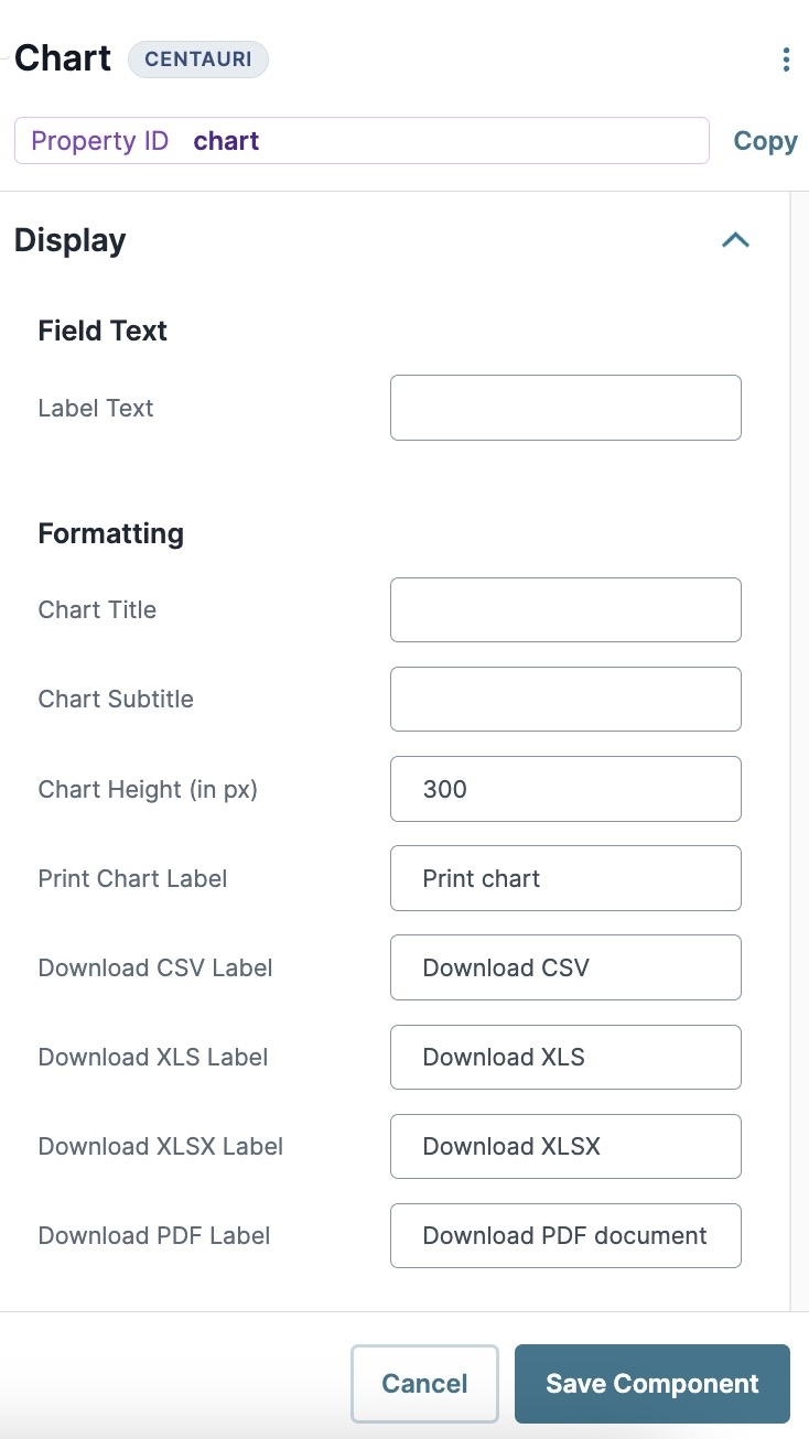 A static image displaying the UDesigner Chart Component's Display settings.