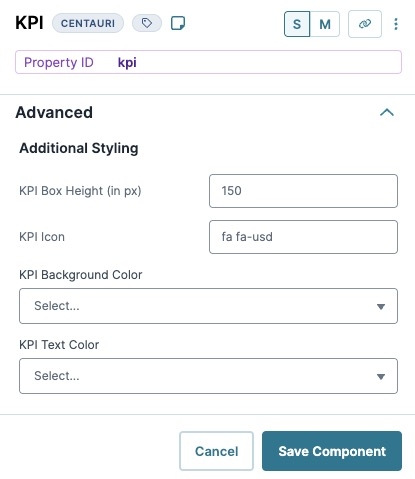 A static image displaying the Kpi component's Advanced settings.