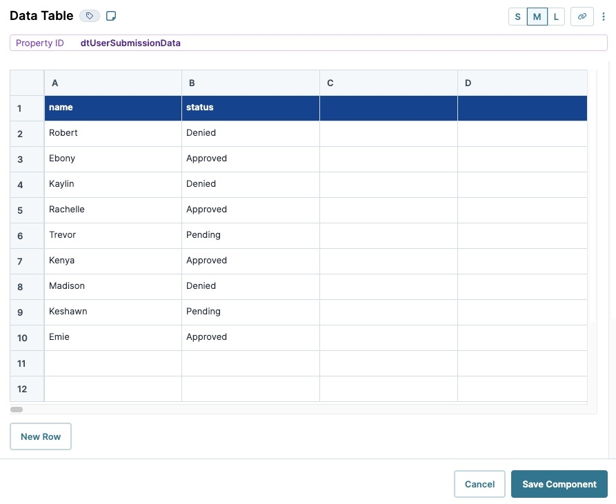 A static image displaying the completed configuration of the Data Table component.