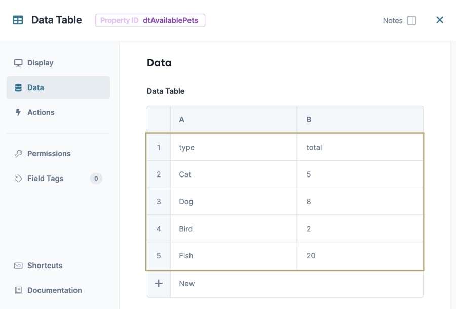 A static image displaying the completed configuration of the Data Table component.