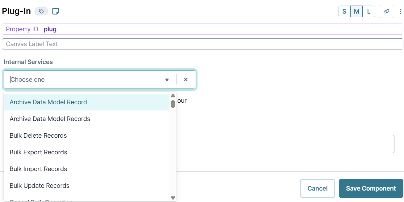 A static image displaying the Internal Services drop-down menu in the Plug-In component's configuration window.