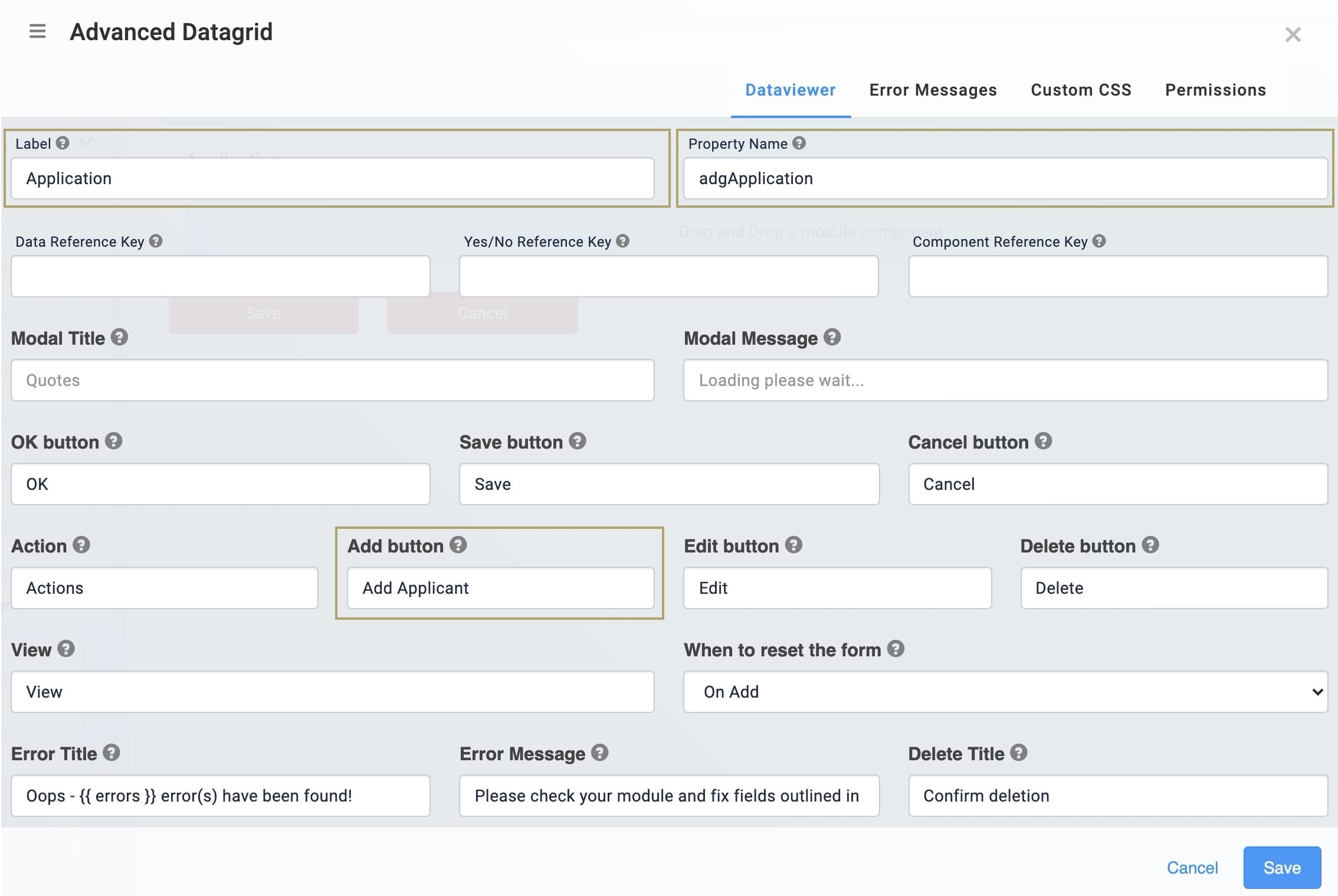 A static image displaying the Data Grid's Add Button settings.