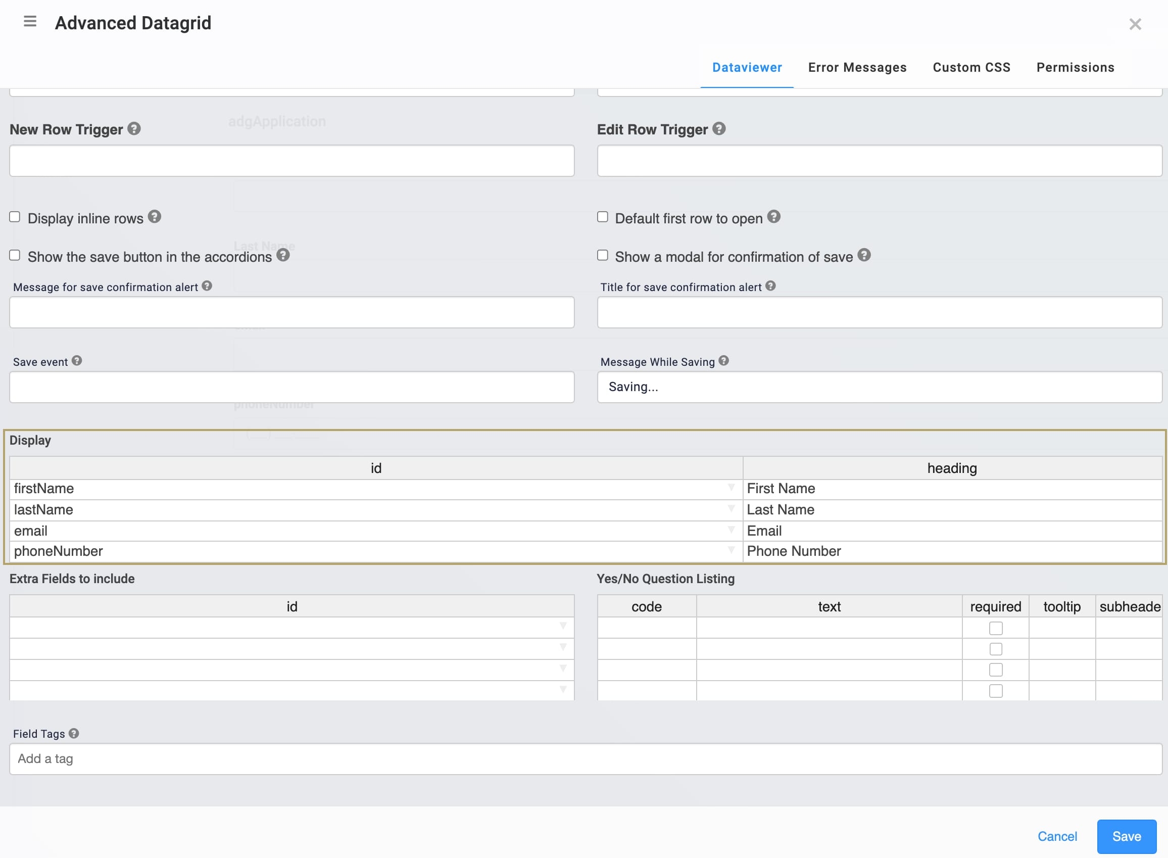 A static image displaying the Advanced Data Grid's Display settings.