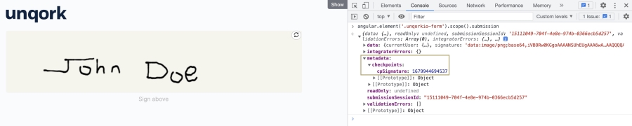 A static image displaying the added signature in Express View and the checkpoint metadata object in the DevTools Console.