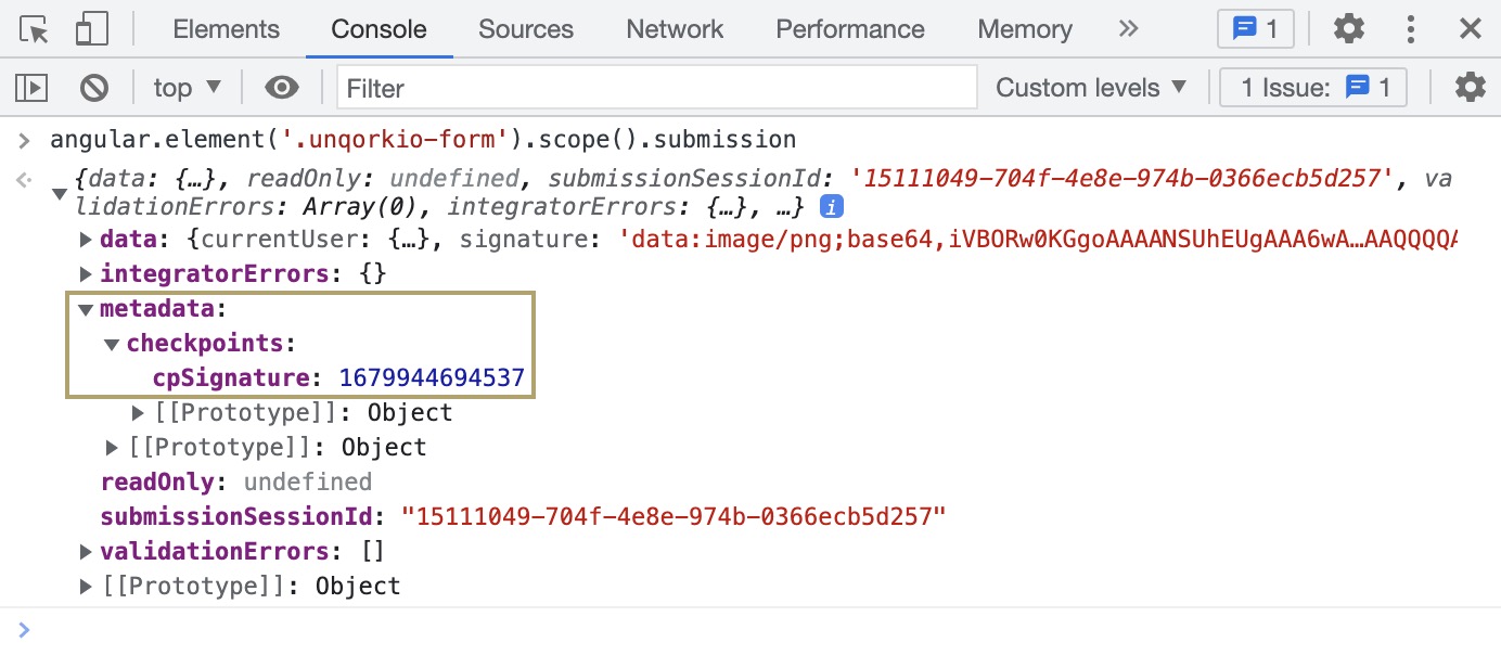 A static image displaying the checkpoint metadata in the DevTools Console.