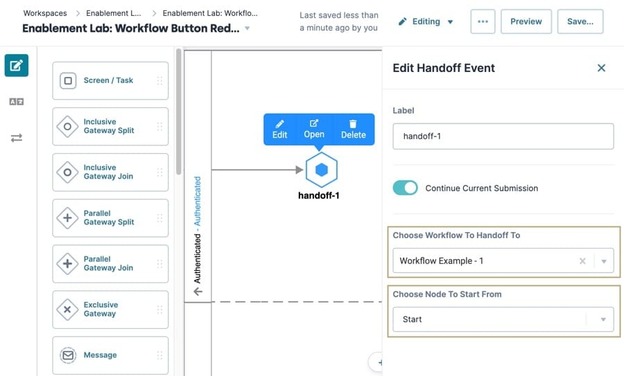 A static image displaying the Handoff Event Node settings menu, the "Choose Workflow to Handoff  To" and "Choose Node to Start From" settings are highlighted.