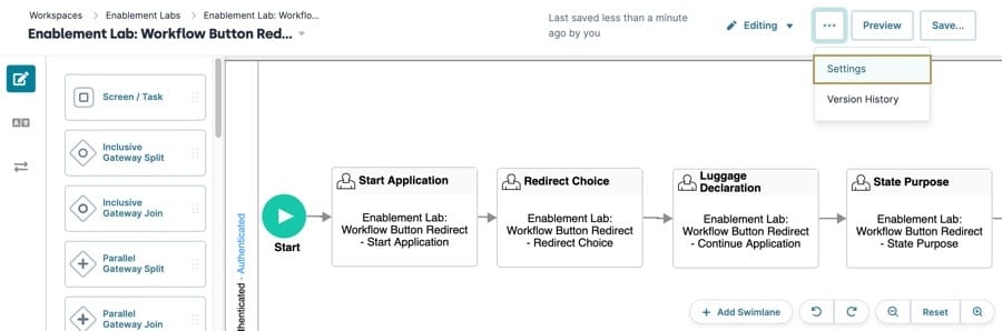A static image displaying the Workflow Editor, the ellipsis buttons are selected and the Settings button is highlighted.