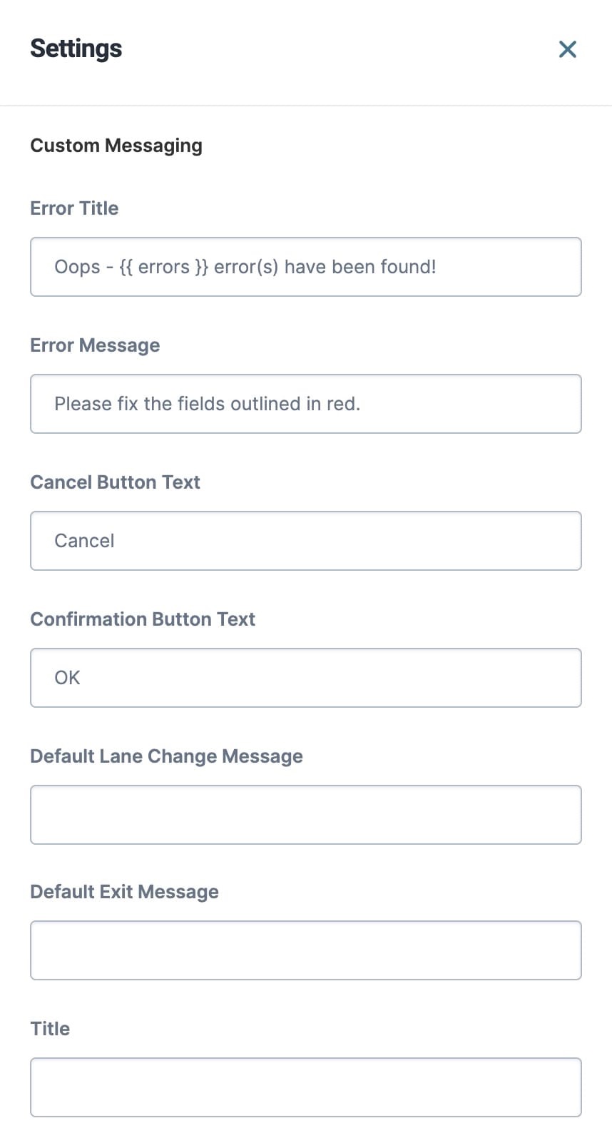 A static image displaying the Custom Messaging section of the Workflow Settings modal.