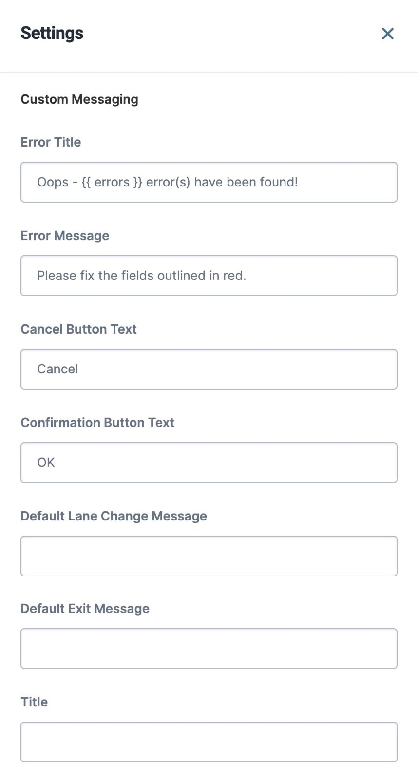 A static image displaying the Custom Messaging section of the Workflow Settings modal.