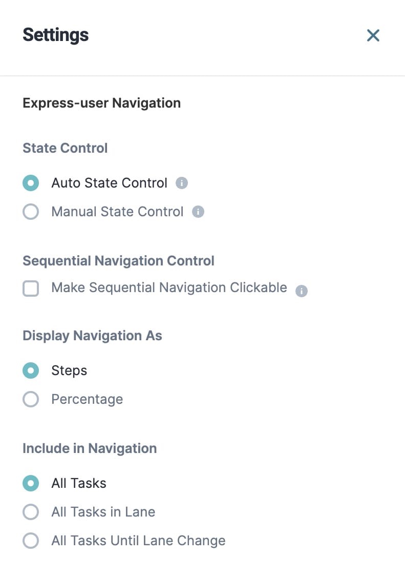 A static image displaying the Express-User Navigation section of the Workflow Settings modal.