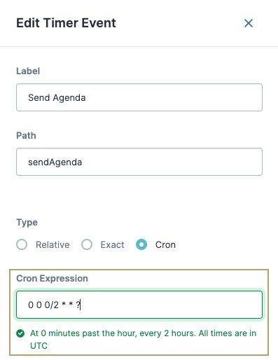 A static image displaying the Timer Start's Edit Timer Start Event settings panel, the Cros Expression field is highlighted and an example value is shown.