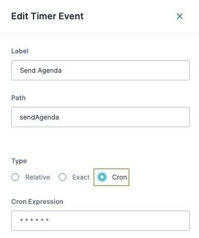 A static image dispalying the Timer Start's Edit Timer Start Event settings window. The CRON timer option is highlighted and selected.