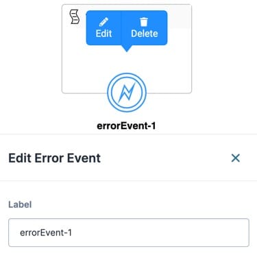 A statice image displaying the Error node and the Edit Error Event window.