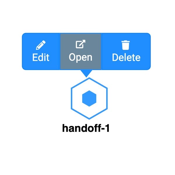 A static image displaying the Handoff node and its settings menu.