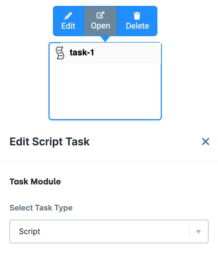 A static image displaying the Screen/Task node's Edit Script Task settings.