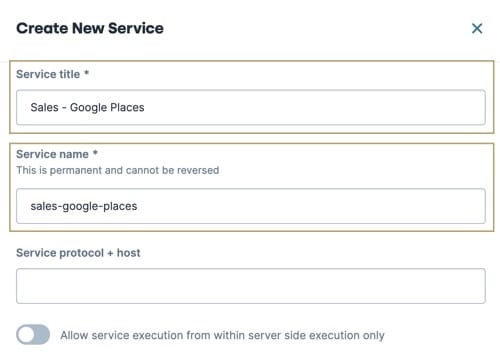 A static image displaying the Create New Service modal, the Service Title and Service Name fields are highlighted.